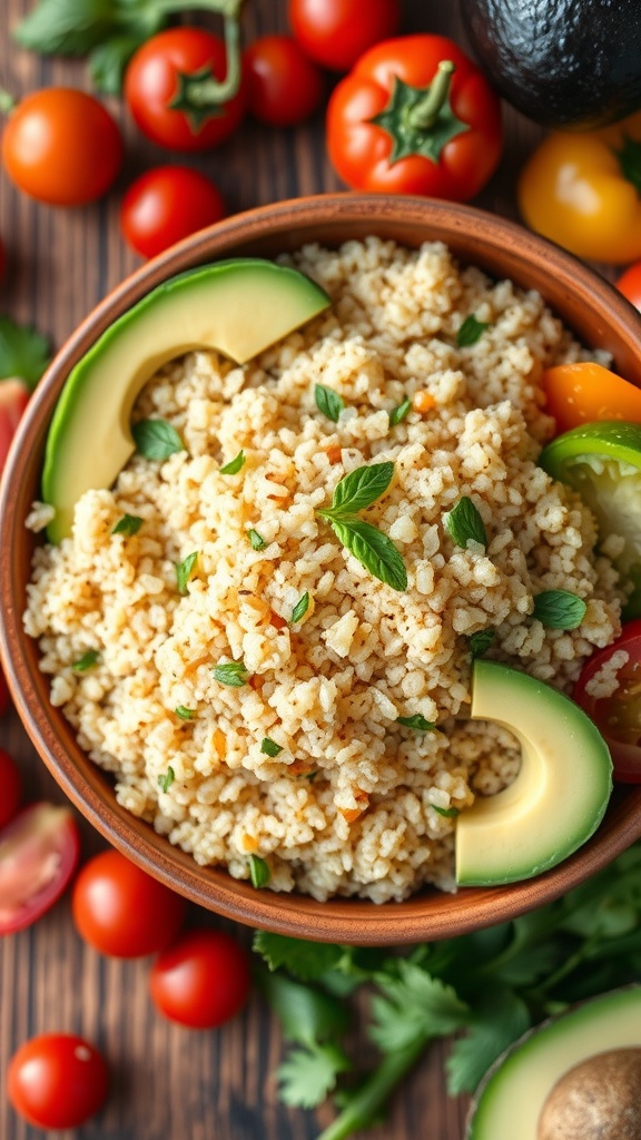 A bowl of cooked quinoa garnished with herbs and vegetables, set on a wooden table.